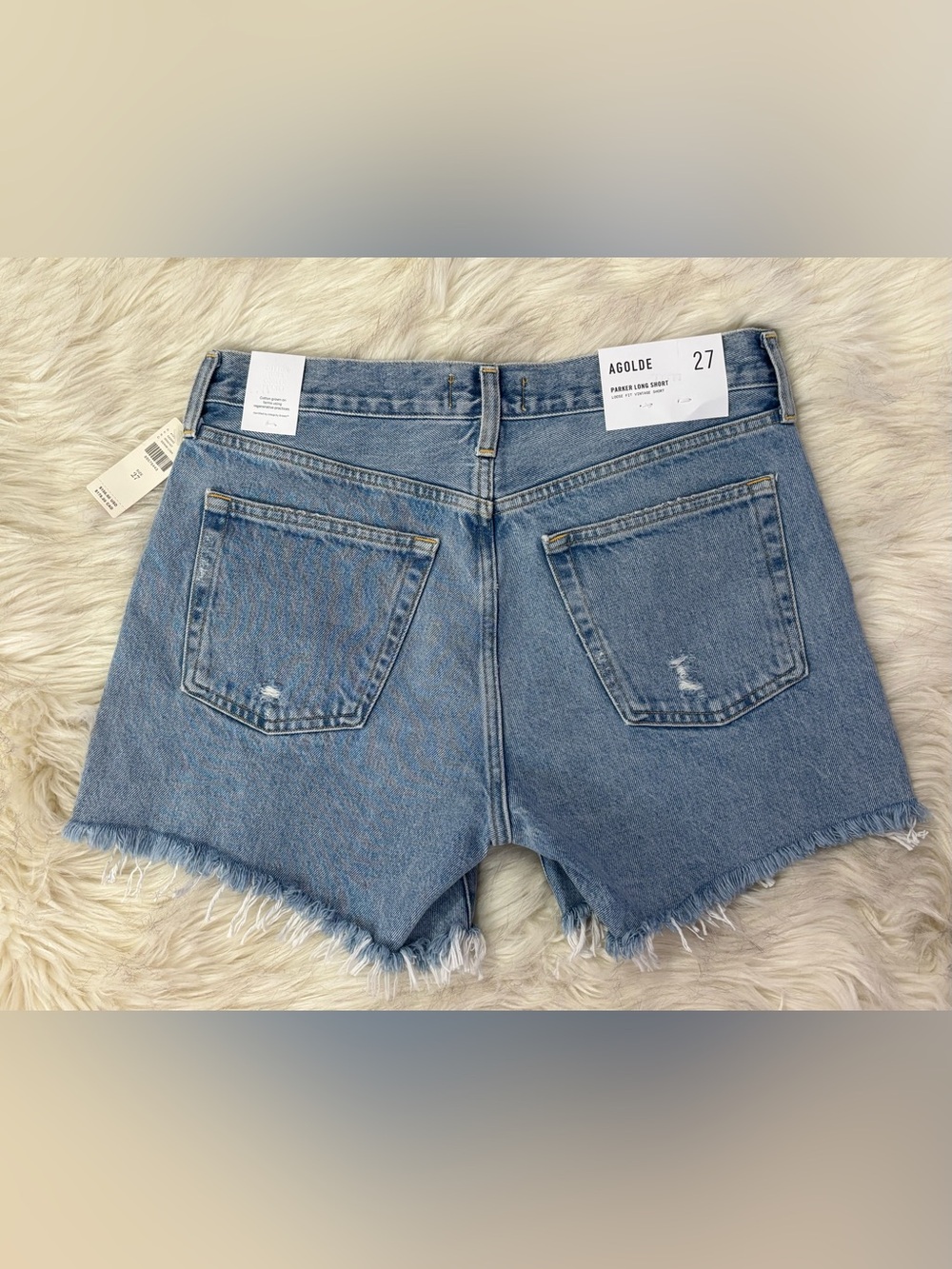 NWT Agolde Parker Long Swapmeet Light Blue Distressed Denim Cutoff Shorts SZ 27 - Picture 9 of 16